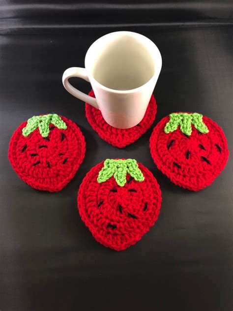 Crochet Summer Fruit Strawberry Coasters Set Of Coasters Etsy