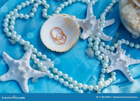 Wedding Rings Nautical Theme Starfish And Pearl Stock Photo Image