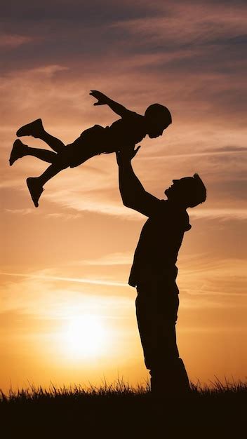 Silhueta de pai jogando filho no céu pai e filho no fundo do pôr do sol