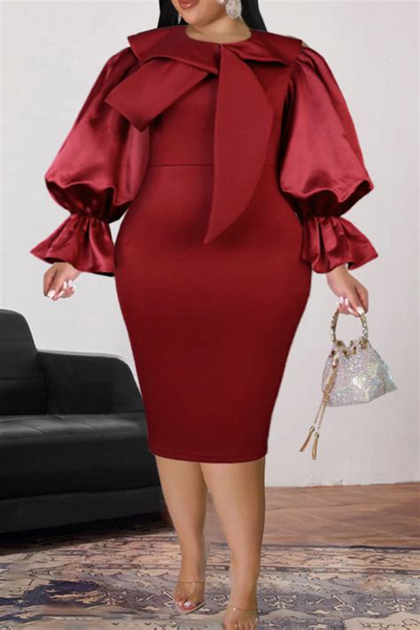 Wholesale Red Casual Solid Patchwork O Neck Long Sleeve Plus Size Dresses K73981 1 Online