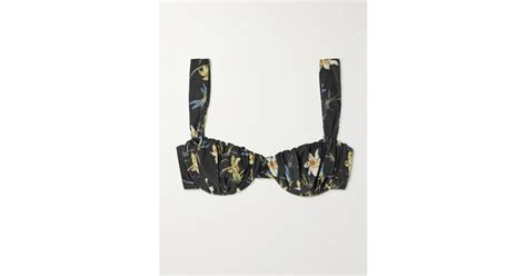 Faithfull The Brand Emily Floral Print Gathered Recycled Bikini Top In Black Lyst