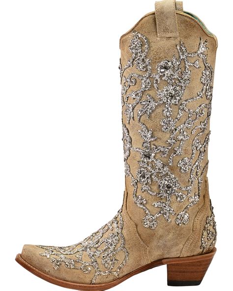 Corral Women S Bone Glitter Overlay Embroidery Crystals Cowgirl Boots