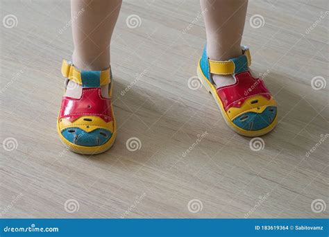 Close Up Image Of Beautiful Multi Colored Children`s Shoes On The Feet