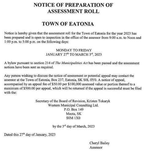 Assessment Roll Town Of Eatonia