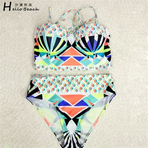 Hello Beach Bikini High Waist Swimwear Women Printed Biquine Sexy