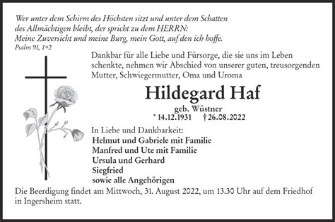 Traueranzeigen von Hildegard Haf Südwest Presse Trauer