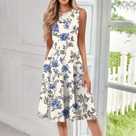 Summer Midi Dresses for Women Floral Tank Dress with Pockets Beach Boho