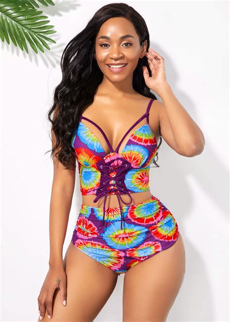 ROTITA Multi Color Spaghetti Strap High Waisted Bikini Set Rotita