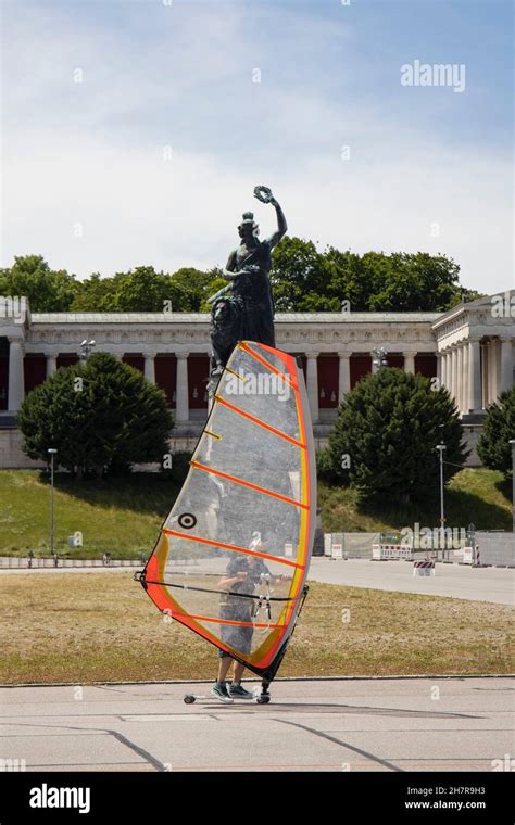 Windskater In Action On Theresienwiese In Front Of Bavaria Statue And