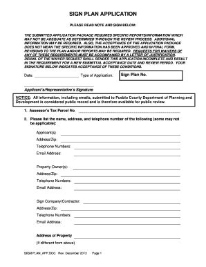 Fillable Online County Pueblo SIGN PLAN APP Countypuebloorg County