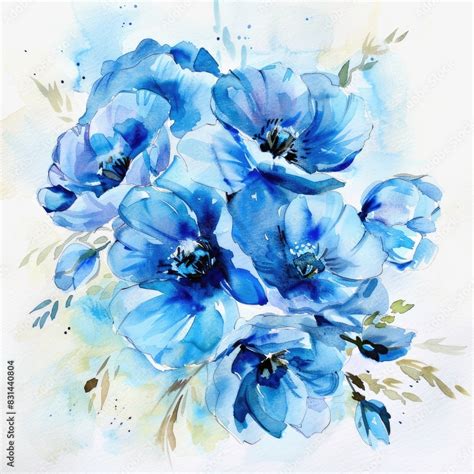 Blue Watercolor Flowers. Beautiful Bouquet of Blue Flowers for Love and ...