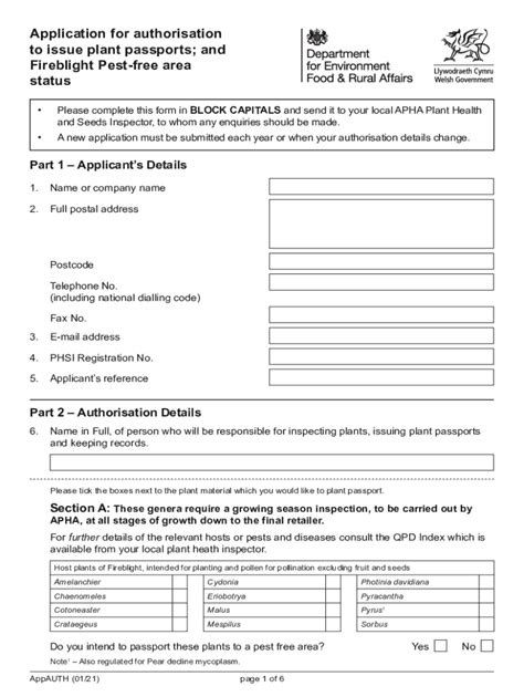 Fillable Online Application For Authorisation To Issue Plant Passports