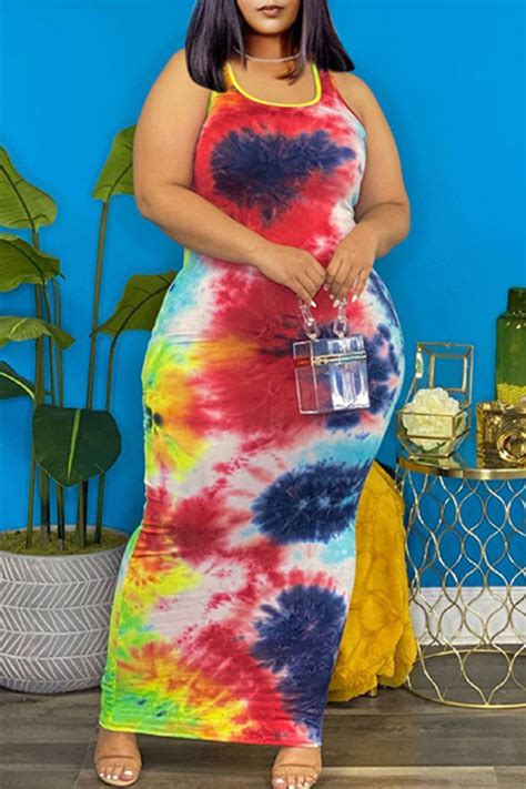 Wholesale Blue Fashion Sexy Plus Size Tie Dye Printing U Neck Vest Dress K24187 2 Online