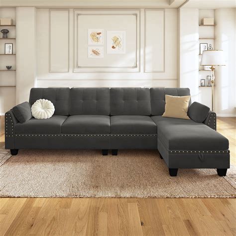 HONBAY Velvet Convertible Sectional Sofa L Shaped Couch With Storage