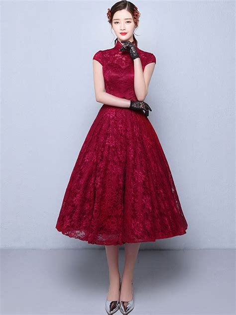 Tea Length A Line Qipao Cheongsam Wedding Dress In Lace Cozyladywear