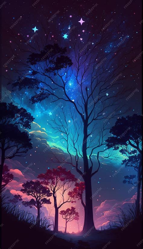 Premium Photo | A starry night sky with a tree and a starry sky.