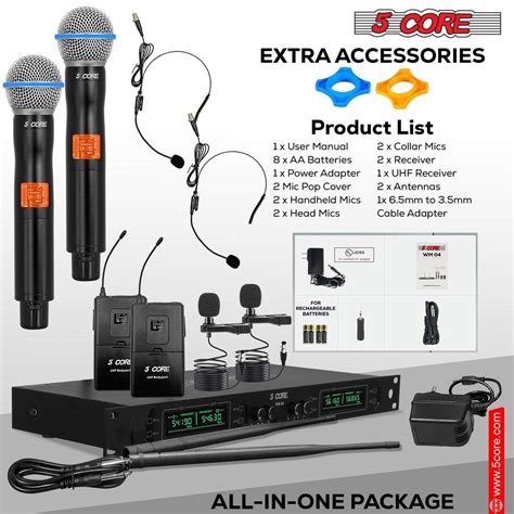 5 Core Wireless Microphones Set 4 Channel Fixed Frequency UHF Mic ...