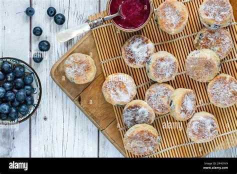 Traditional Fennel Welsh Cakes With Blueberry Coulis Stock Photo Alamy