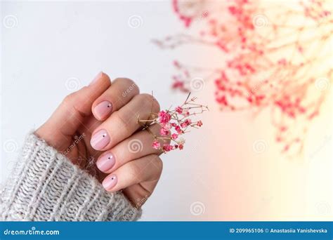 Woman Hands With Beautiful Nude Manicure Holding Delicate Pink
