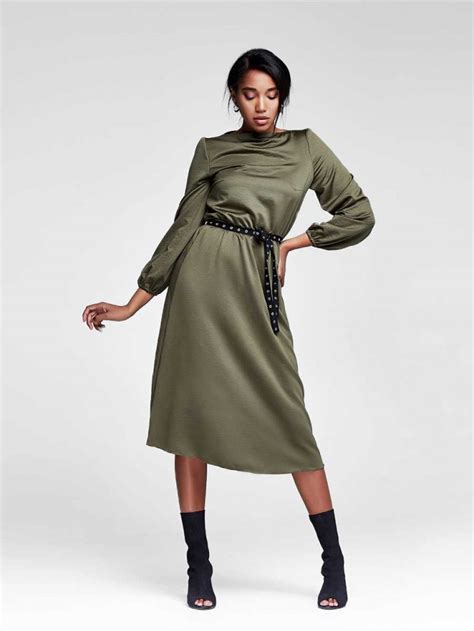 High Neck Shoulder Pad Twist Front Midi Dress In Forest Green Picart