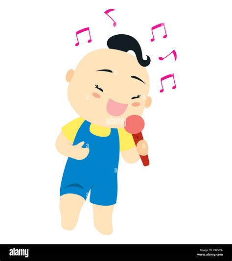 A little baby boy character holding a mike and singing happily Stock ...