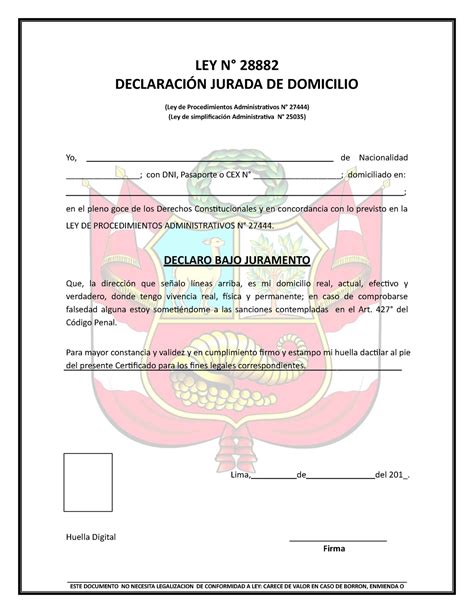 Declaracion Jurada Domiciliaria LEY N 28882 DECLARACIÓN JURADA DE