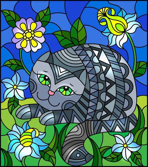 Stained Glass Illustration With A Cute Grey Cat On A Background Of Meadows Flowers And Sky