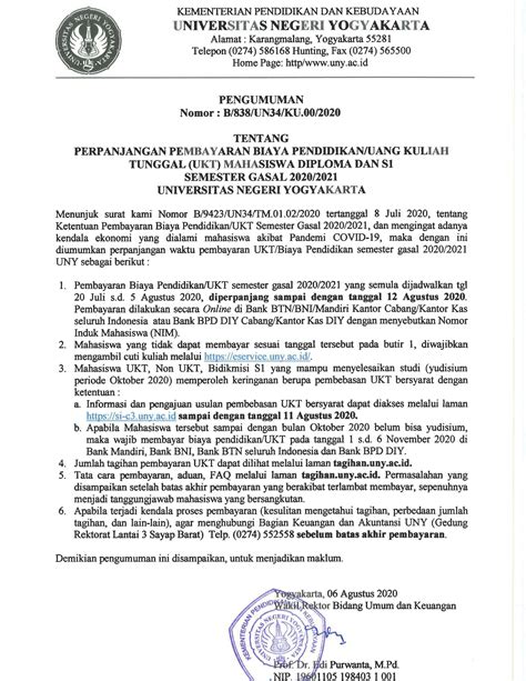 Perpanjangan Pembayaran Biaya Pendidikanukt Semester Gasal 20202021 Universitas Negeri