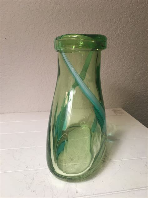 Hand Blown Glass Green Vase With Aqua Swirls Etsy