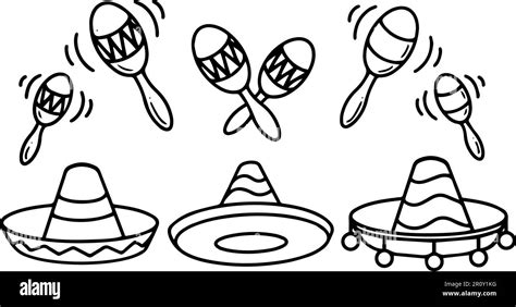 Mexican Sombrero And Maracas Vector Collection Black And White Line Illustrations Of