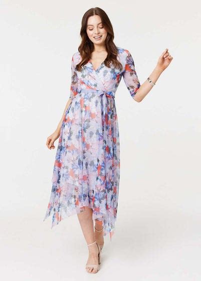 Izabel London Blue Floral Frill Hem Midi Halter Dress Matalan