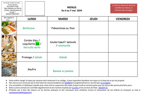 Menu Maternelle Des Et Mai Cole Saint Jean Baptiste De La Salle