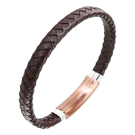 Bracelet homme cuir marron tressé et acier 0 9x22cm Ref 47377