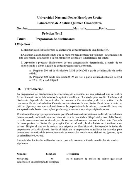 Reporte 2 Preparacion De Soluciones Pdf Concentración Química