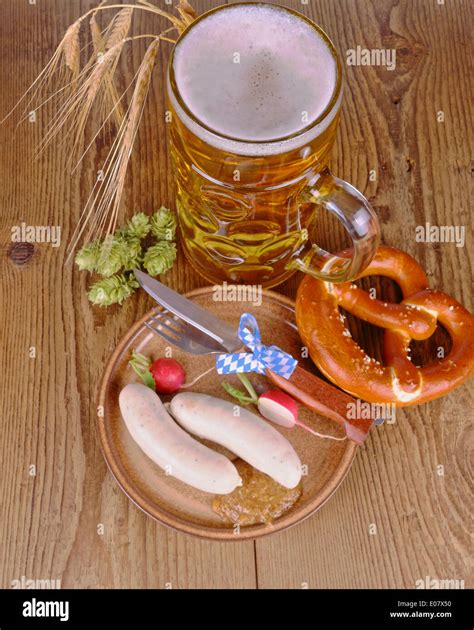 Oktoberfest Menu Beer White Sausage Pretzel Radish Hdr Top View