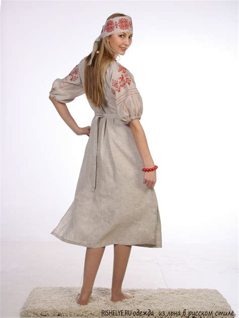 Купить платье в русском стиле из льна Россиянка с красной вышивкой в ...