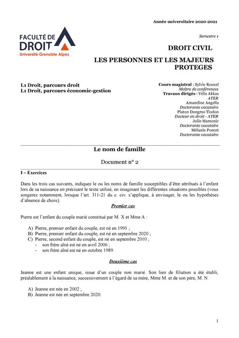 L1 2020 2021 doc 2 des séances de td de droit civil Semestre 1