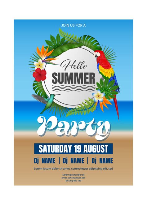 Hello Summer Party Poster With Tropical Plants And Birds On Beach