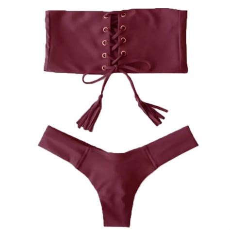 Swim Wine Bikini Swim Two Piece Lace Up Bandeau Set Poshmark