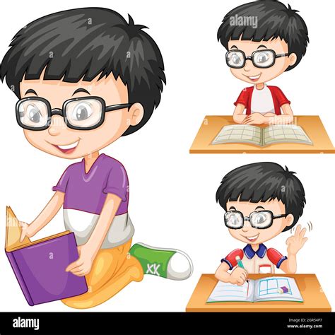 Boy with glasses reading book Stock Vector Image & Art - Alamy