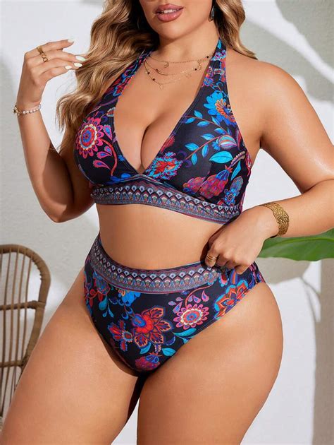 Shein Swim Vcay Summer Beach Plus Size Floral Print Halter Bra Bikini