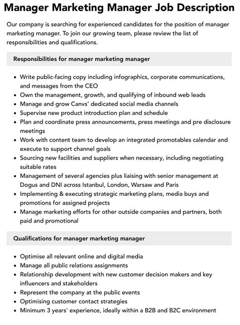 Manager Marketing Manager Job Description Velvet Jobs