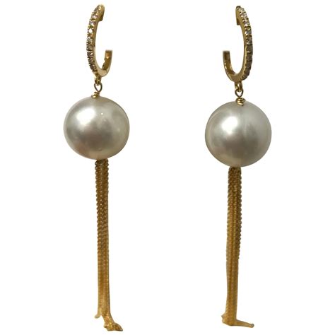 Golden South Sea Pearl Diamond Yellow Gold Hoop Dangle Earrings At Stdibs