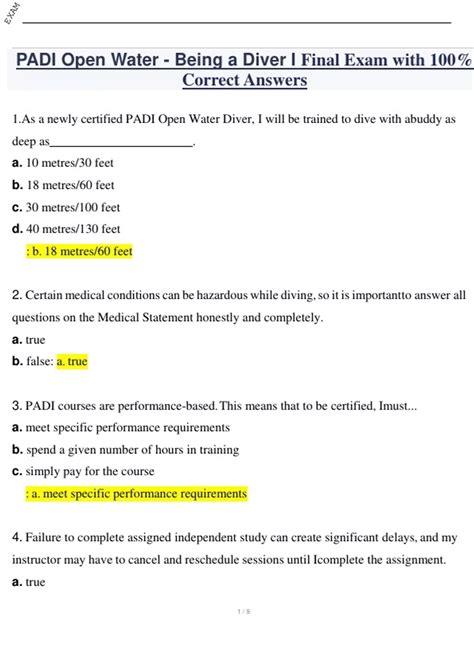 Padi Open Water Being A Diver I Final Exam Updated 2024latest