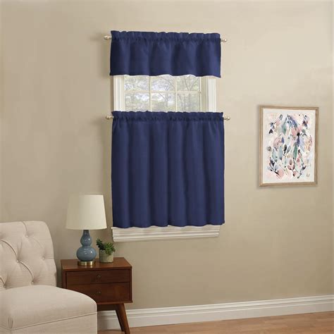 Mainstays Rod Pocket Tier And Valance Kitchen Curtain Set 3 Piece Navy 56 W X 36 L