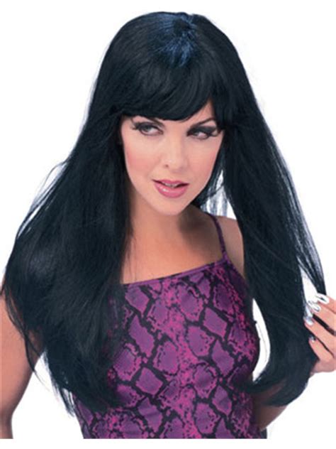 Adult Womens Long Black Straight Wavy Glamour Wig With Bangs