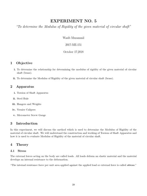 Experiment No. 5: "To Determine The Modulus of Rigidity of The Given ...