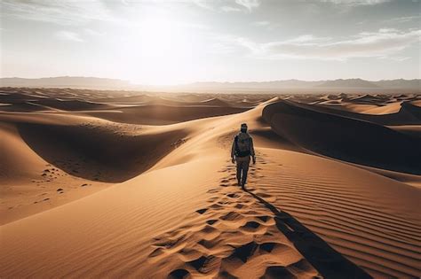 Premium Ai Image A Man Walks Through The Desert With The Sun Setting