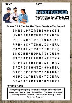 Firefighter Word Search Puzzle Worksheet Activity By The Teaching