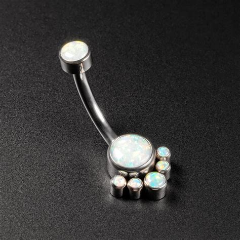 Double Opal Internally Threaded Titanium Belly Bar With Mini Opal Drop